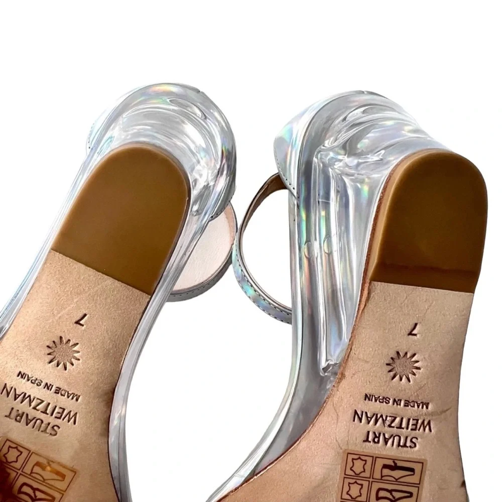 Stuart Weitzman NudistLucite Leather Clear-Wedge Sandals Women’s Size 7